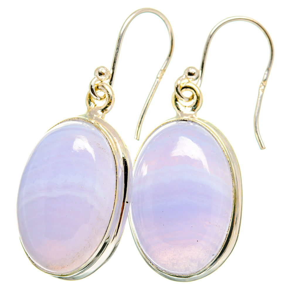 Sterling silver oval blue lace agate drop earrings, round-loop hooks