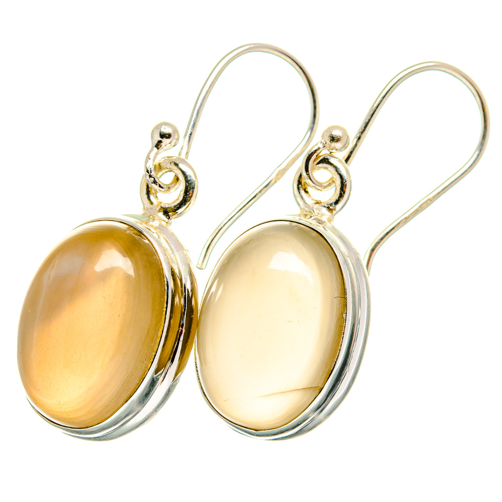 Oval moonstone drop earrings with silver bezel, polished amber cabochons