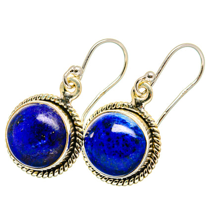 Round lapis lazuli cabochon earrings with beaded border and silver hooks, 925 sterling silver