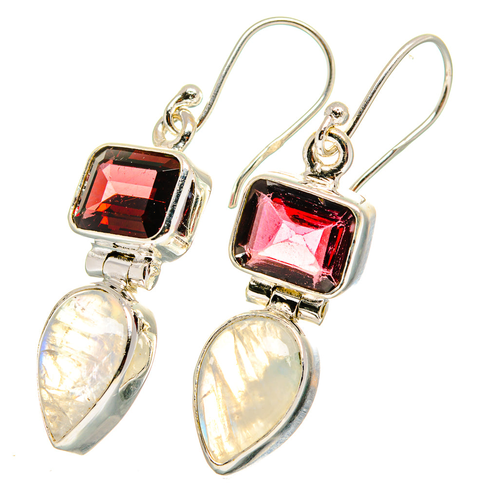 Sterling silver earrings with pink-red square garnet and iridescent moonstone teardrop pendants