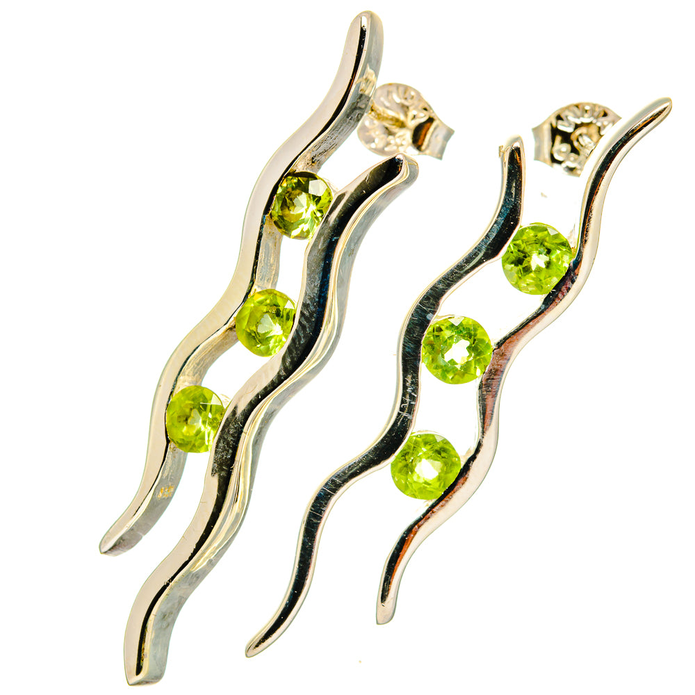 925 sterling silver peridot earrings, long wavy drops with round green peridot stones