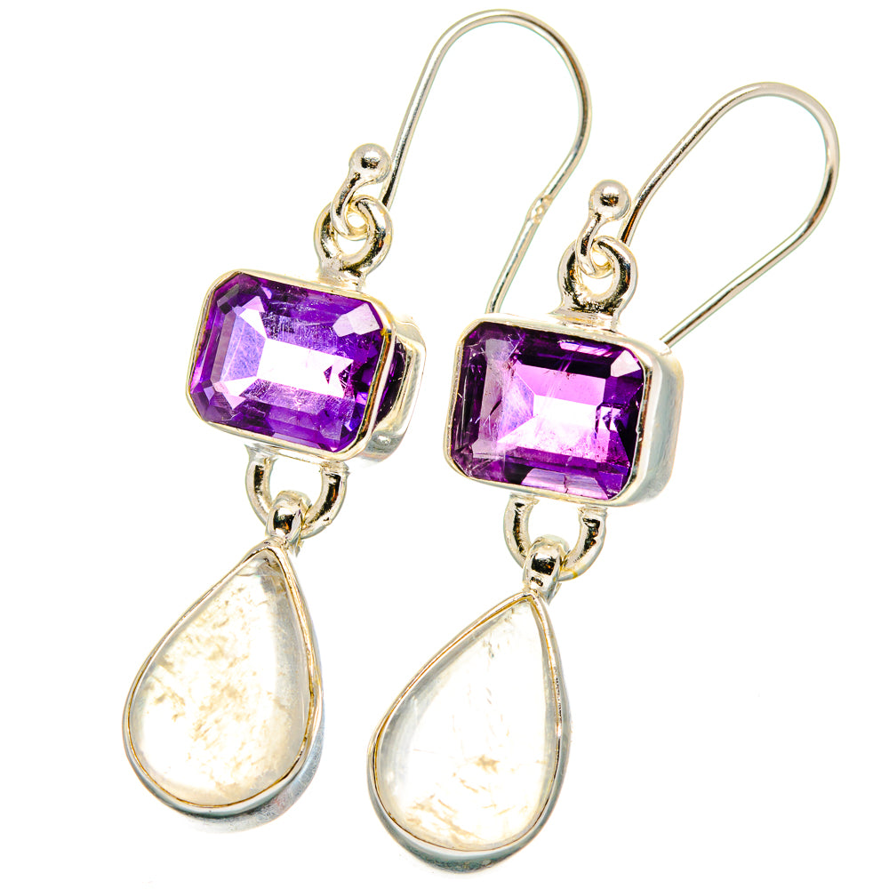 Amethyst and moonstone drop earrings, 925 sterling silver, purple square stones