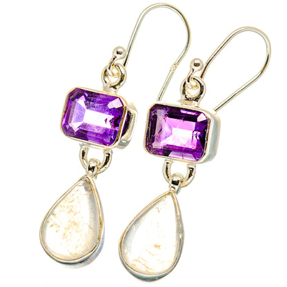 Amethyst and moonstone drop earrings, 925 sterling silver, purple square stones