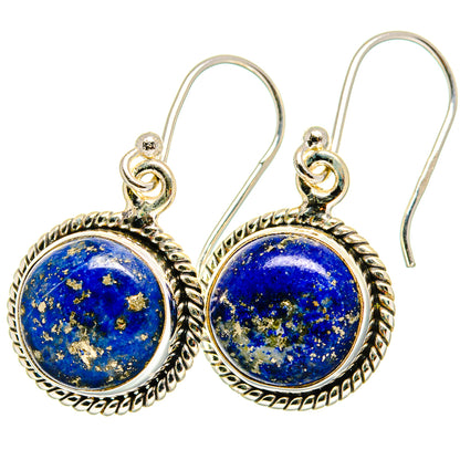Round lapis lazuli earrings, sterling silver scalloped bezel with gold-tone loop