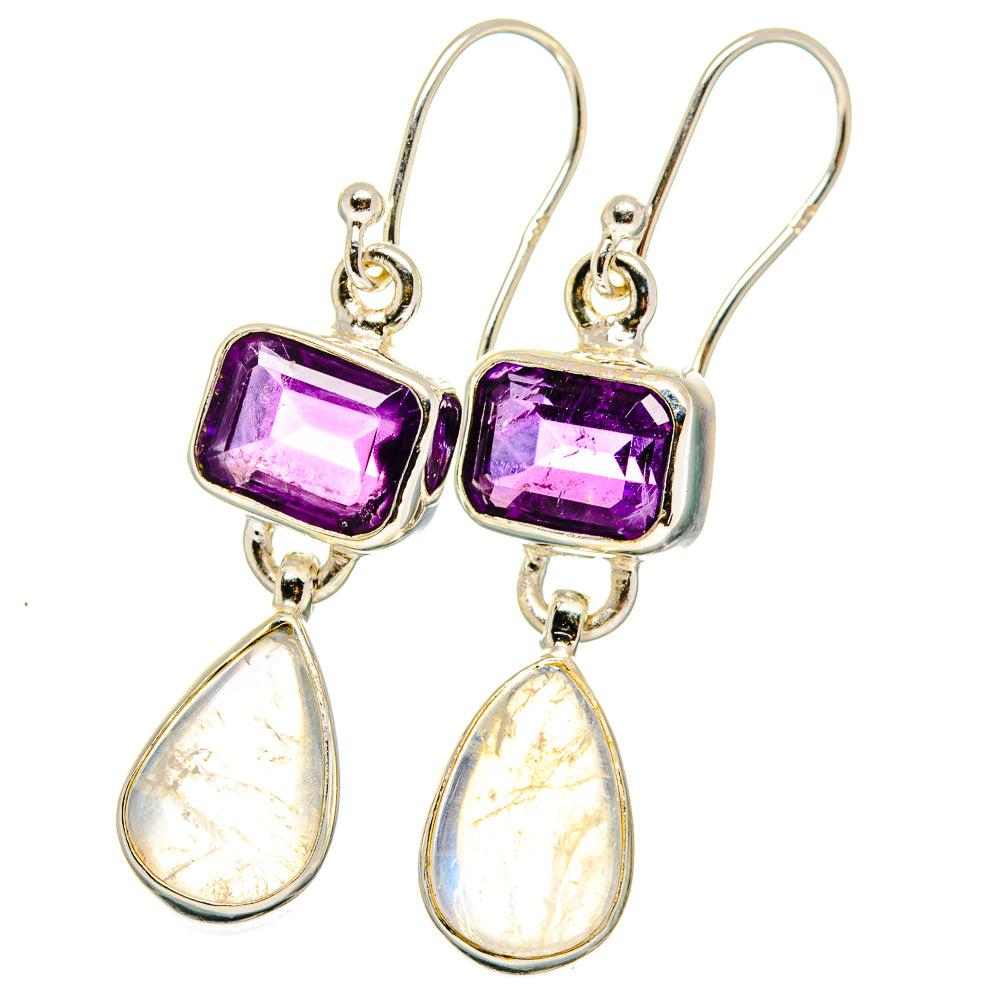 Amethyst and moonstone drop earrings, square purple stones with teardrop drops