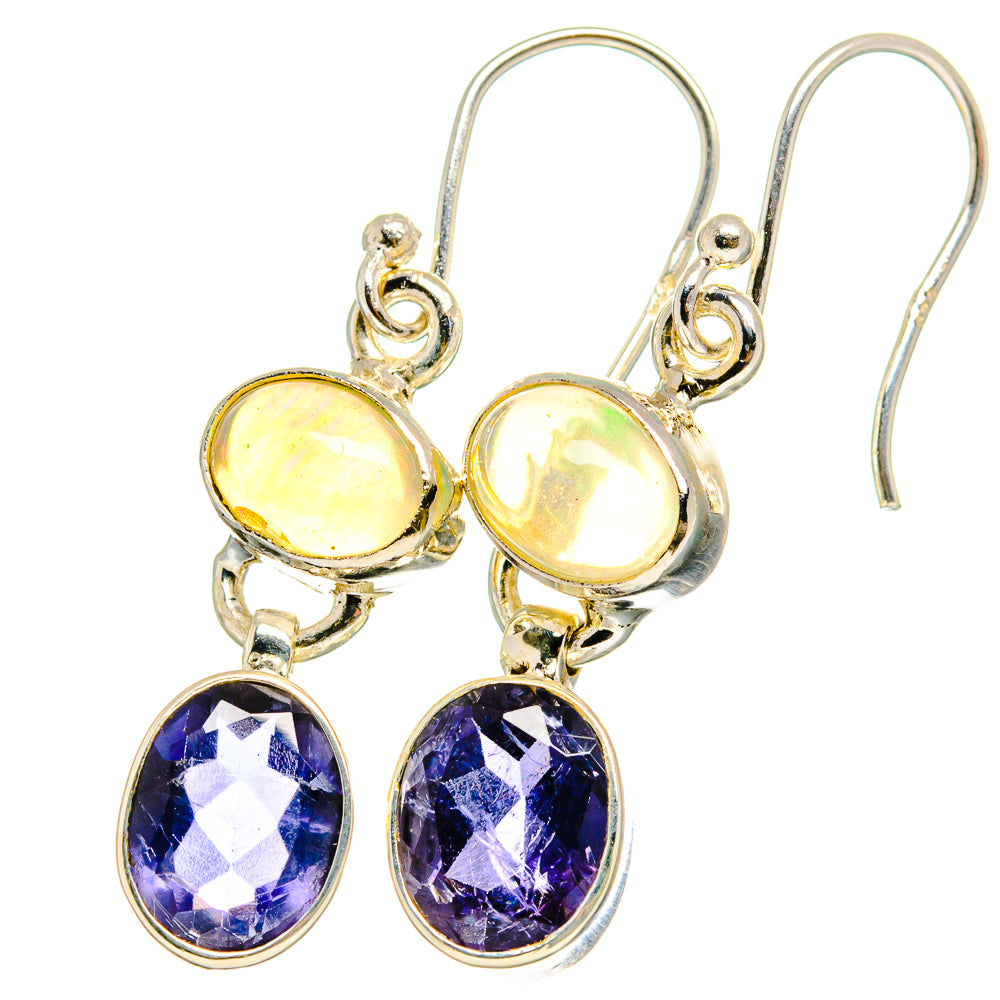 925 silver opal and tanzanite drop earrings, oval opal with purple oval stones