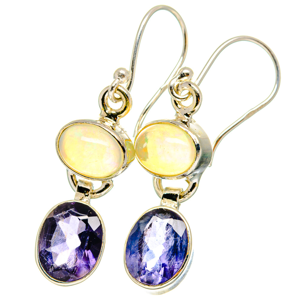 Sterling silver drop earrings with opal round top and faceted blue oval gems