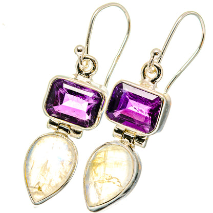 Sterling silver earrings with purple square amethyst and teardrop opalescent moonstone