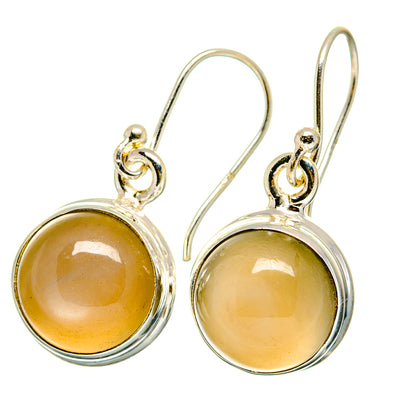 Round moonstone drop earrings in sterling silver with amber-gold stone and lever backs