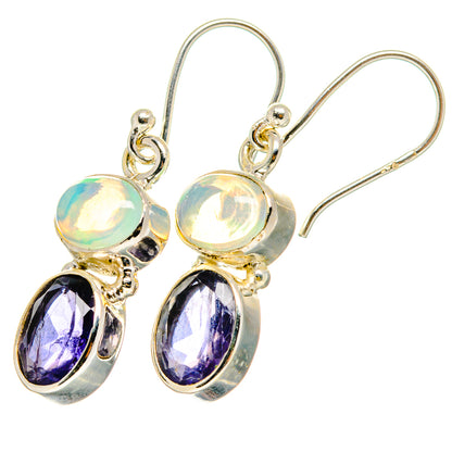 Opal and purple oval drop earrings in 925 sterling silver, faceted stone centers