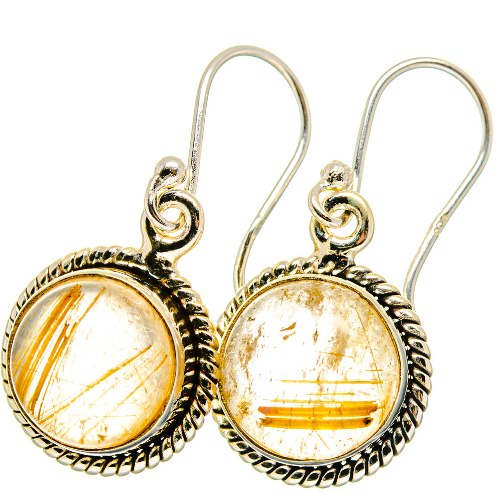 Rutilated quartz round drop earrings with ornate silver frame and fishhook backs
