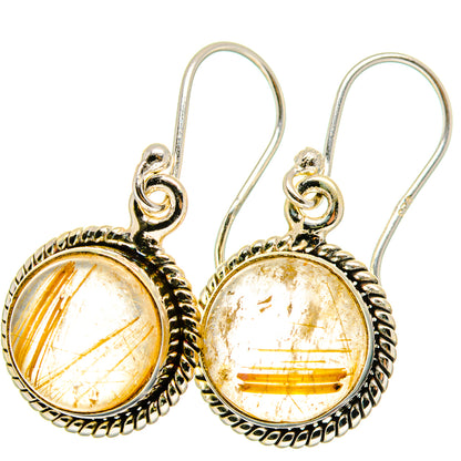 Rutilated quartz round drop earrings with ornate silver frame and fishhook backs