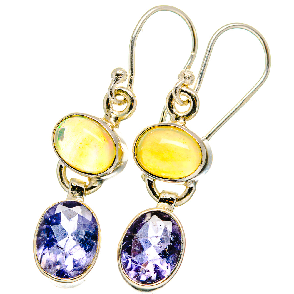 925 sterling silver drop earrings with iridescent yellow opal and purple faceted stone