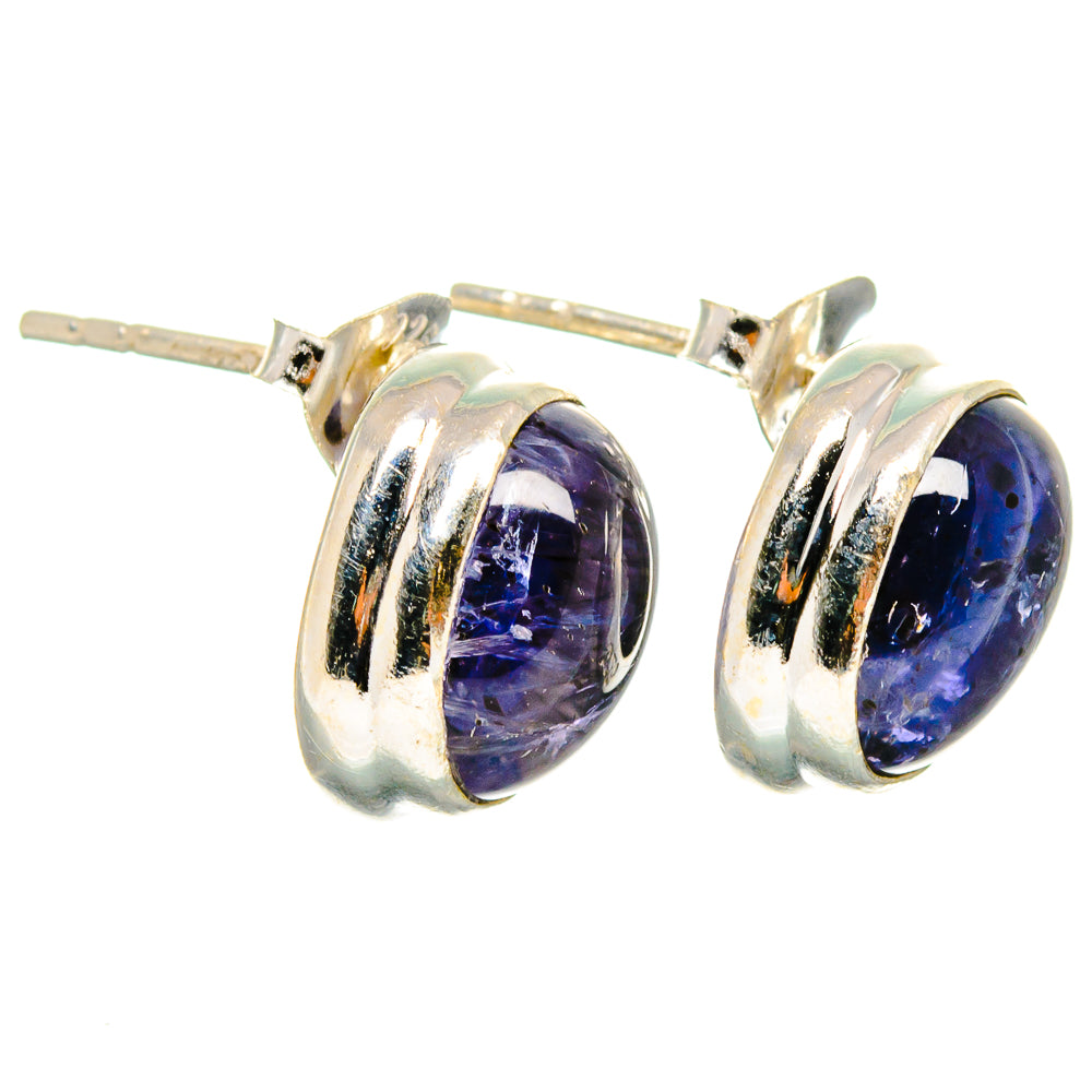 Oval blue-purple tanzanite drop earrings with sterling silver bezel and post backs