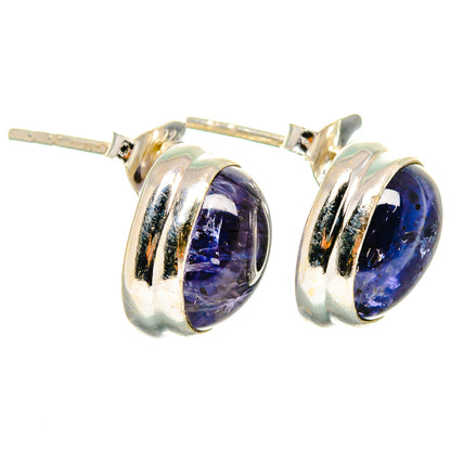 Oval blue-purple tanzanite drop earrings with sterling silver bezel and post backs