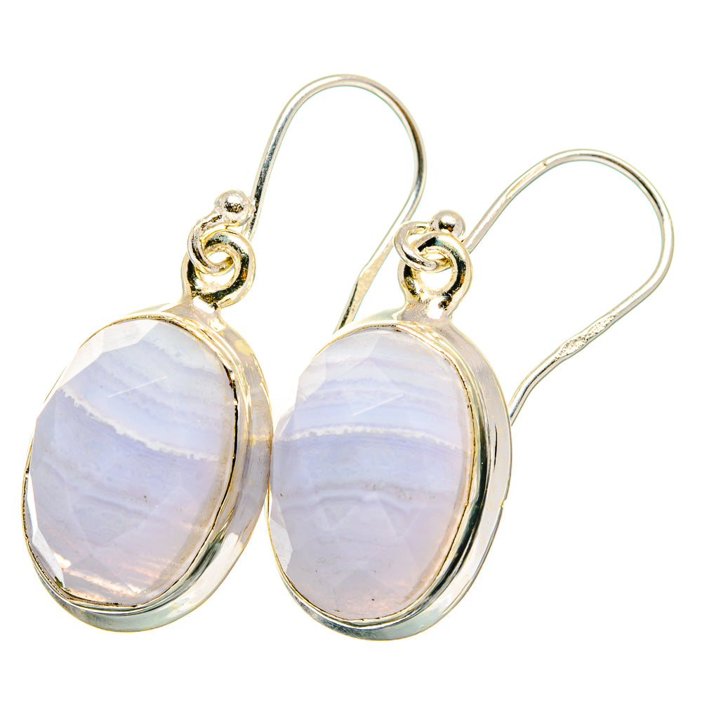 Sterling silver oval drop earrings with blue lace agate stones and fishhook backs.