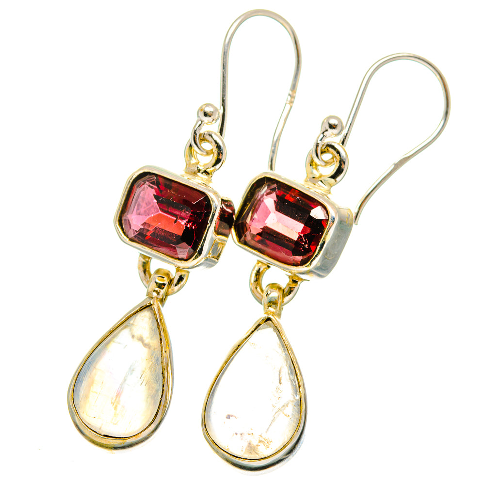 Sterling silver dangle earrings with red square garnet stones and pear-cut moonstone drops