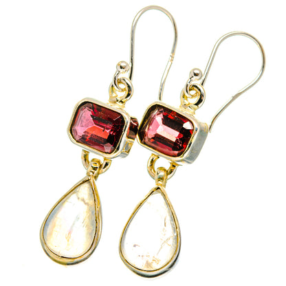 Sterling silver dangle earrings with red square garnet stones and pear-cut moonstone drops
