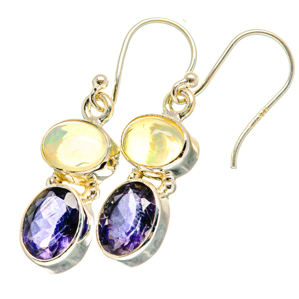 Silver dangle earrings: oval opal cabochons and purple faceted tanzanite stones