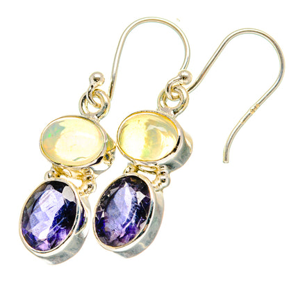 Silver dangle earrings: oval opal cabochons and purple faceted tanzanite stones