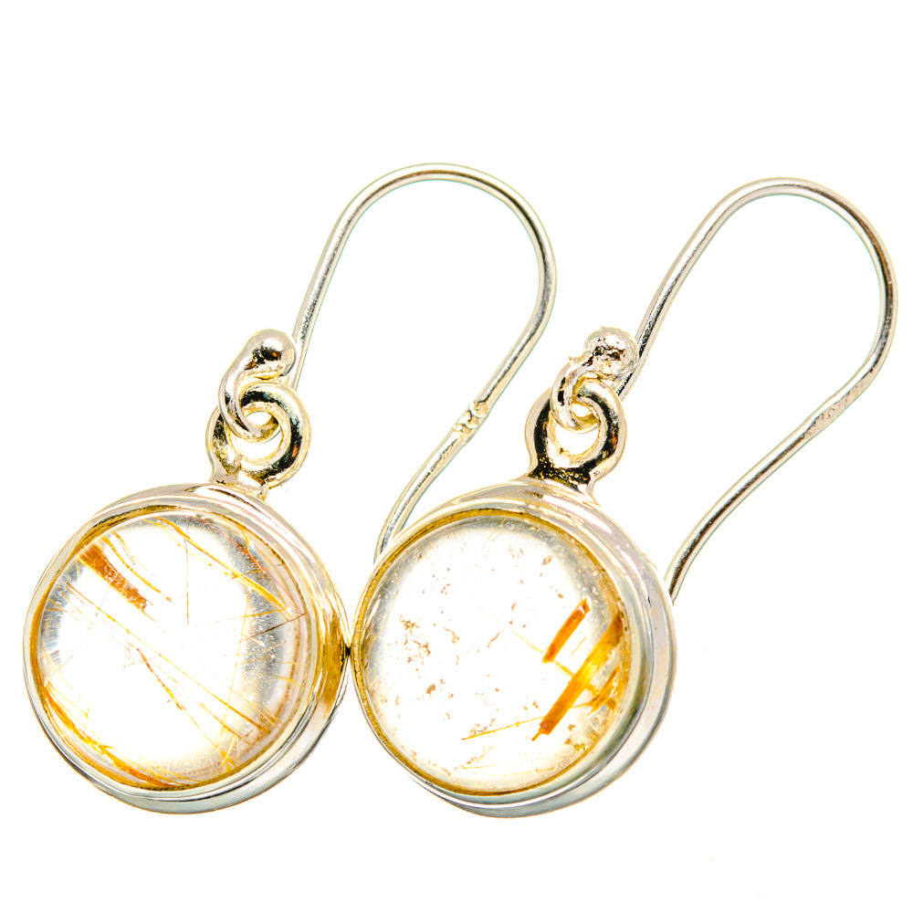Rutilated quartz drop earrings in 925 sterling silver, round amber gold cabochons