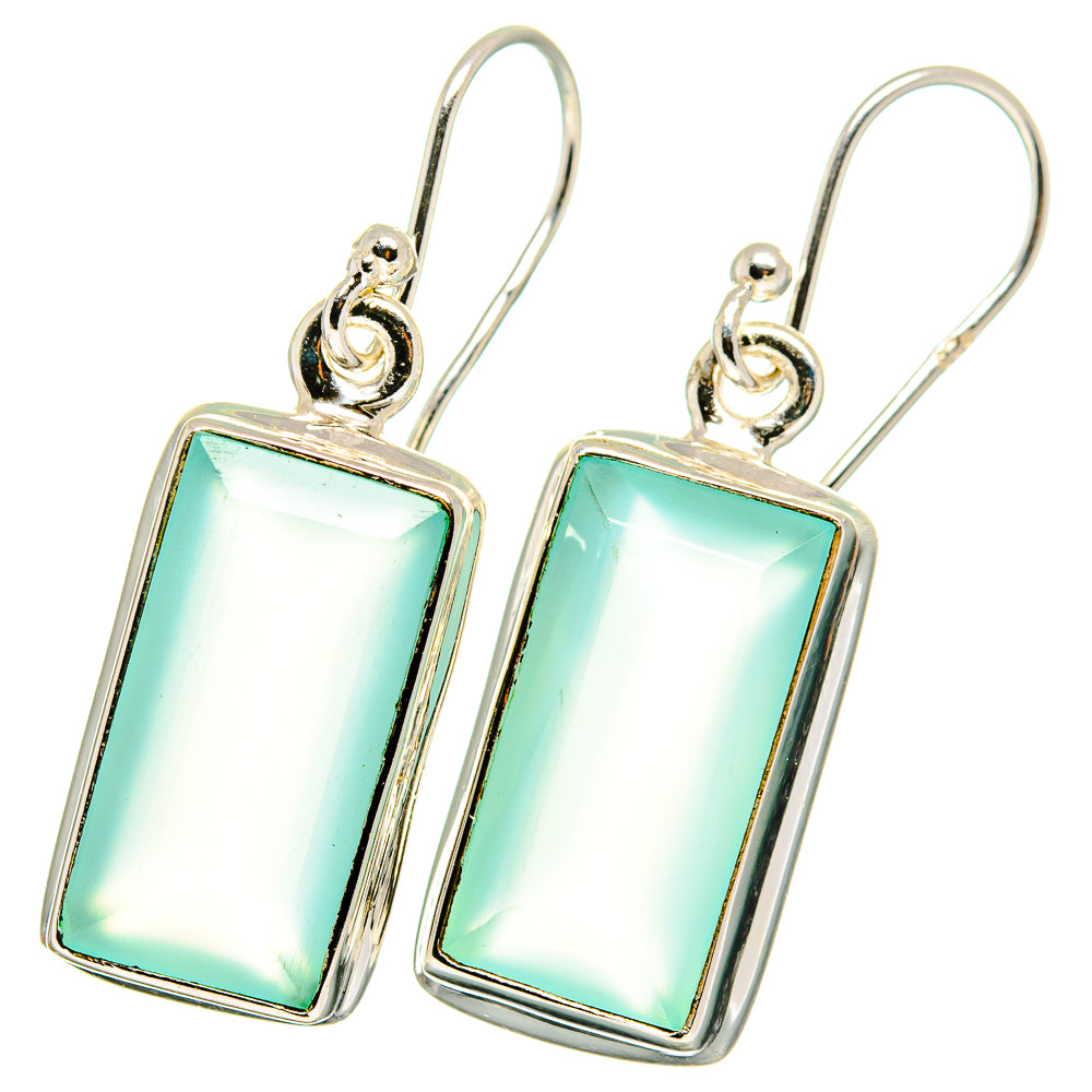 Aqua chalcedony drop earrings with rectangular silver-framed stones and fishhook backs