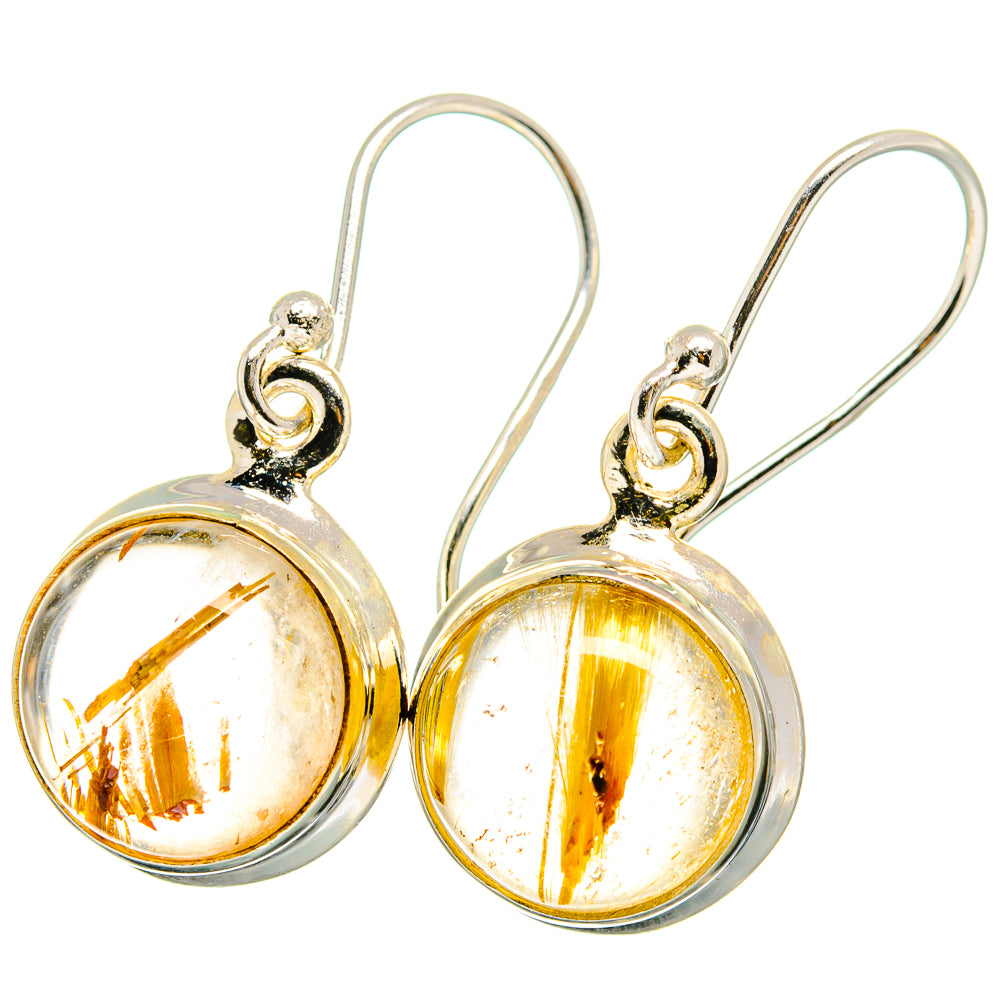 Round gold-rutilated quartz earrings with sterling silver lever hooks, dangling cabochons