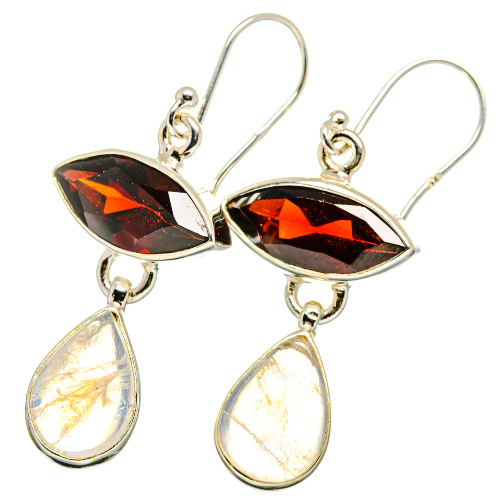 Sterling silver drop earrings with marquise red stones and iridescent teardrop accents