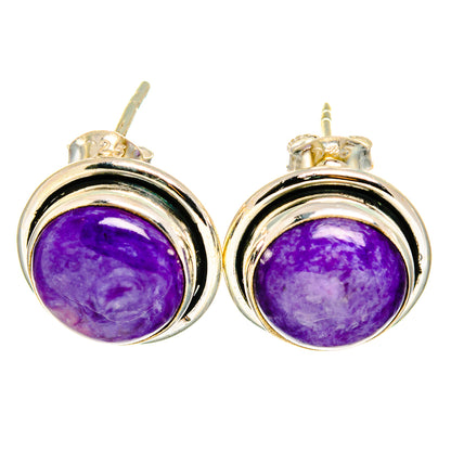 Sterling silver earrings with round purple charoite cabochons and top posts