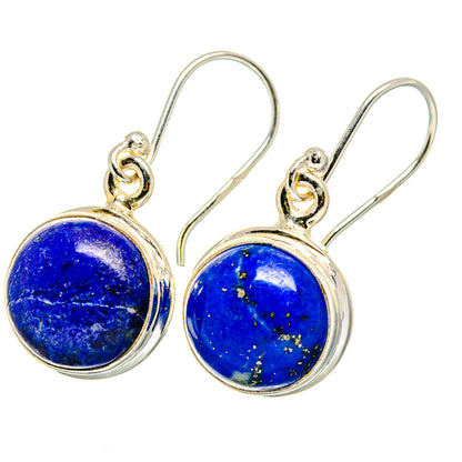 Round lapis lazuli cabochon drop earrings in sterling silver with lever hooks.