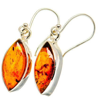 Sterling silver Baltic amber teardrop dangle earrings, orange amber stones on hooks