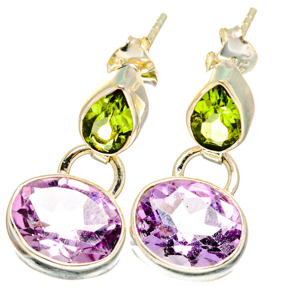 Sterling silver dangling earrings with teardrop peridot and round amethyst stones