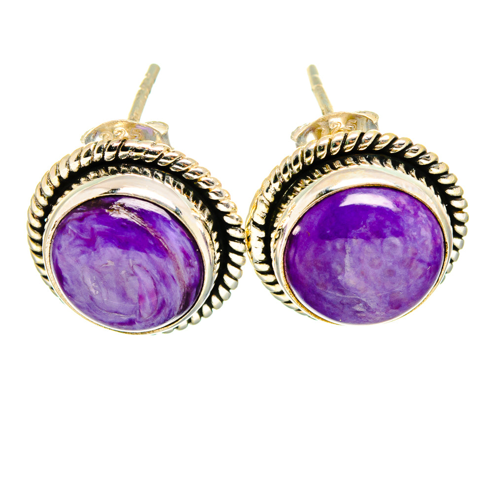 Charoite stud earrings with round purple cabochon in sterling silver