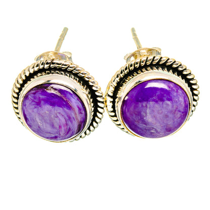 Charoite stud earrings with round purple cabochon in sterling silver