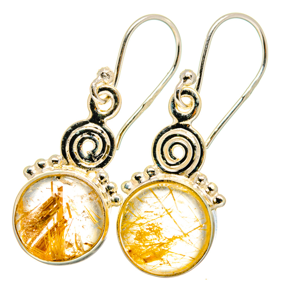 Rutilated quartz dangle earrings, round amber stones with ornate sterling silver bezel