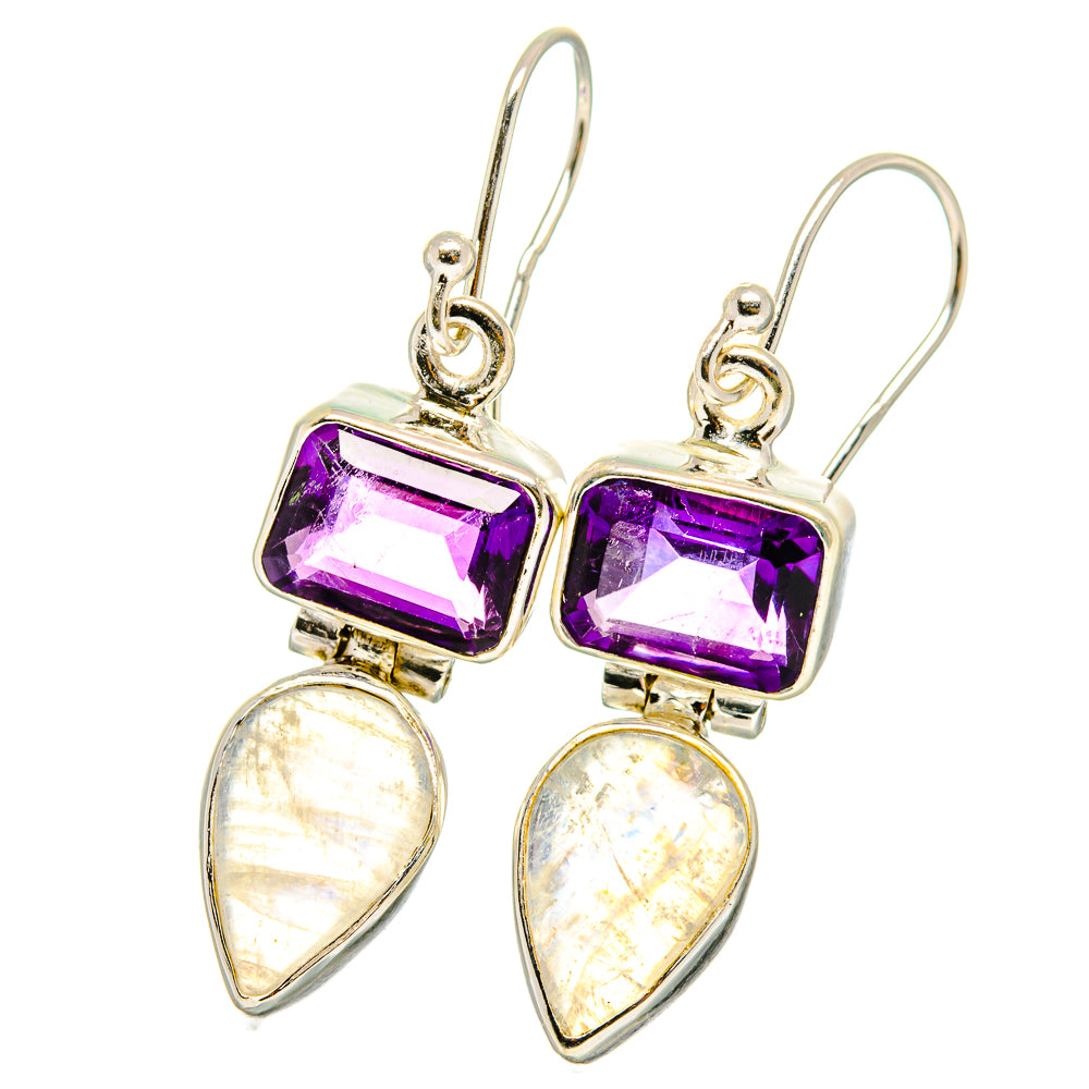 Amethyst and opal-like drop earrings, purple square top stones and pear teardrops