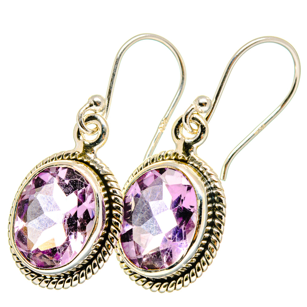 Pair of oval faceted amethyst earrings with silver rope bezel and hook closures