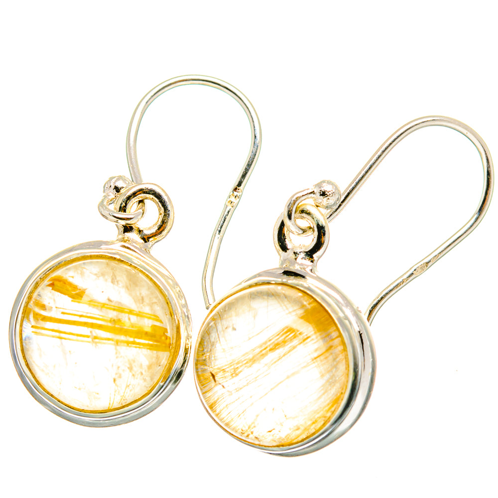 Rutilated quartz round drop earrings, amber stones with silver hooks and loops