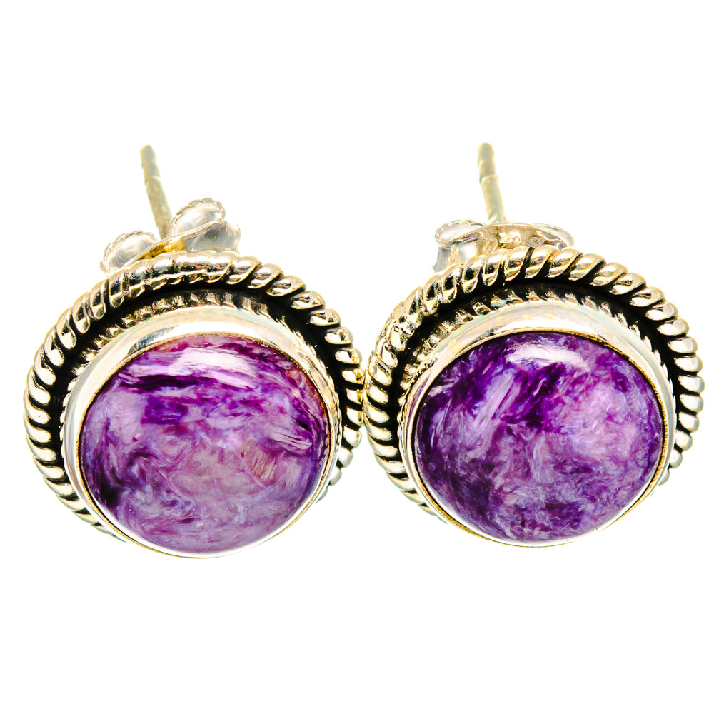 Round purple gemstone stud earrings with sterling silver rope bezel