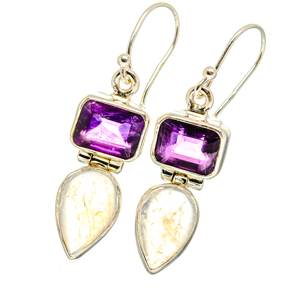 Amethyst and moonstone drop earrings, purple square stone and pear teardrop, sterling silver