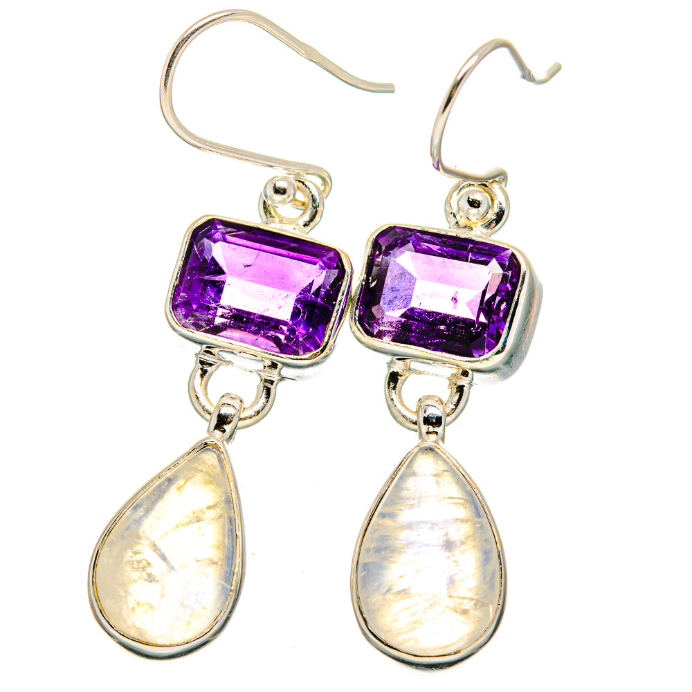 925 sterling silver amethyst square earrings with dangling opalescent teardrops and French hooks