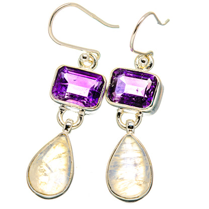925 sterling silver amethyst square earrings with dangling opalescent teardrops and French hooks