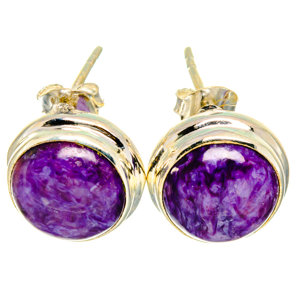 Charoite earrings in 925 sterling silver with round purple gemstone and post backs