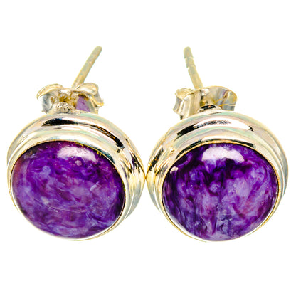 Charoite earrings in 925 sterling silver with round purple gemstone and post backs