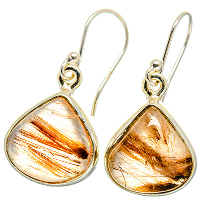Rutilated quartz teardrop drop earrings, 925 sterling silver hooks; gold rutile