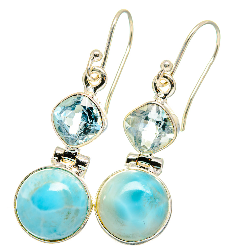 Fishhook sterling silver earrings: oval blue topaz and round larimar dangles
