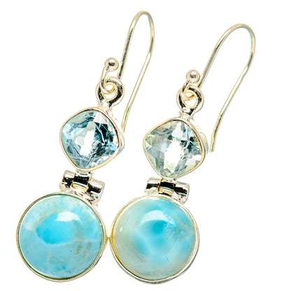 Fishhook sterling silver earrings: oval blue topaz and round larimar dangles