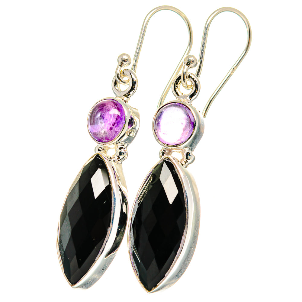 Pair of amethyst and black onyx drop earrings in sterling silver with oval black stones