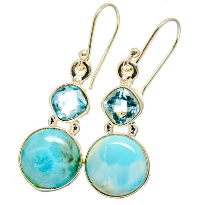 Sterling silver dangle earrings, blue gemstones with two round cabochons