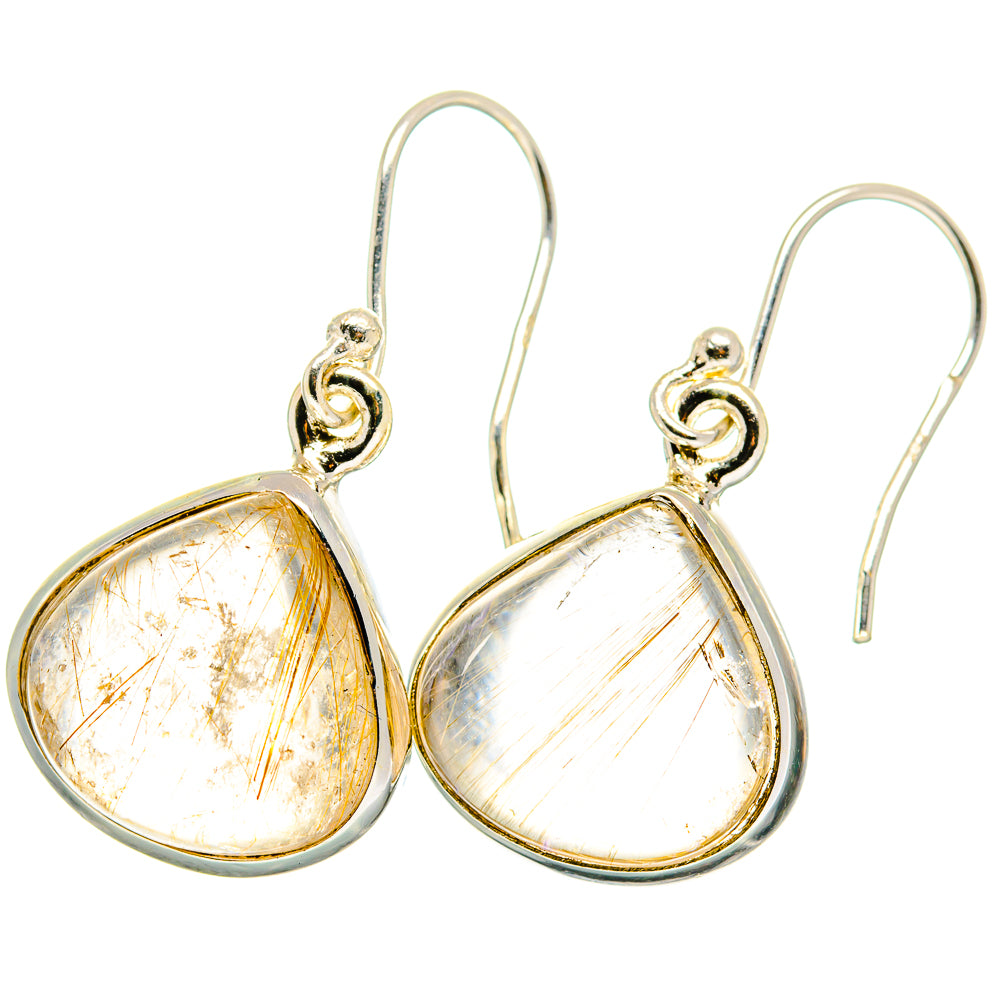 Sterling silver rutilated quartz teardrop earrings with gold needle strands, hook back